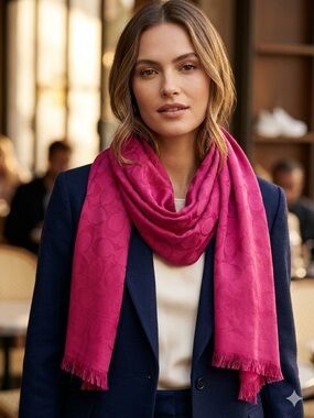 Beautiful ruby pinkish red monogrammed coach scarf